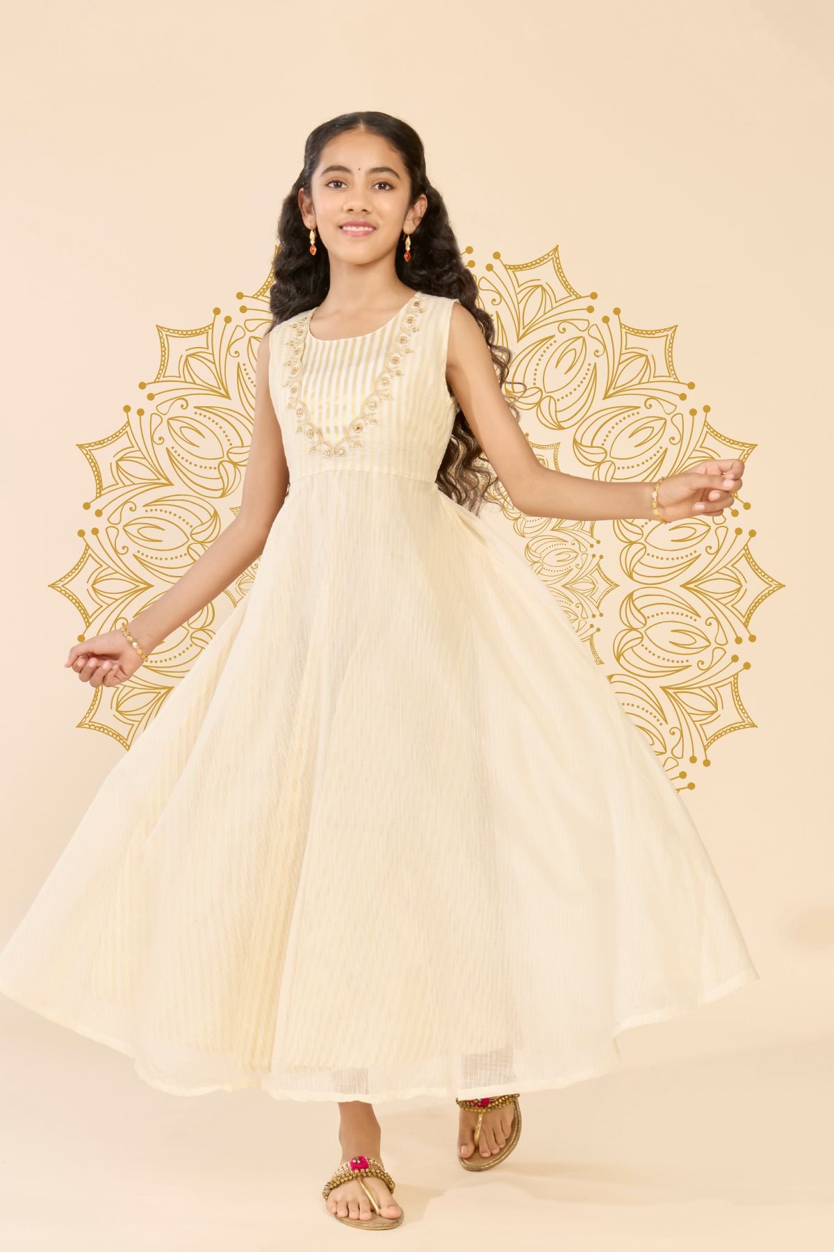 Off White Striped A-Line Tiered Kids Anarkali