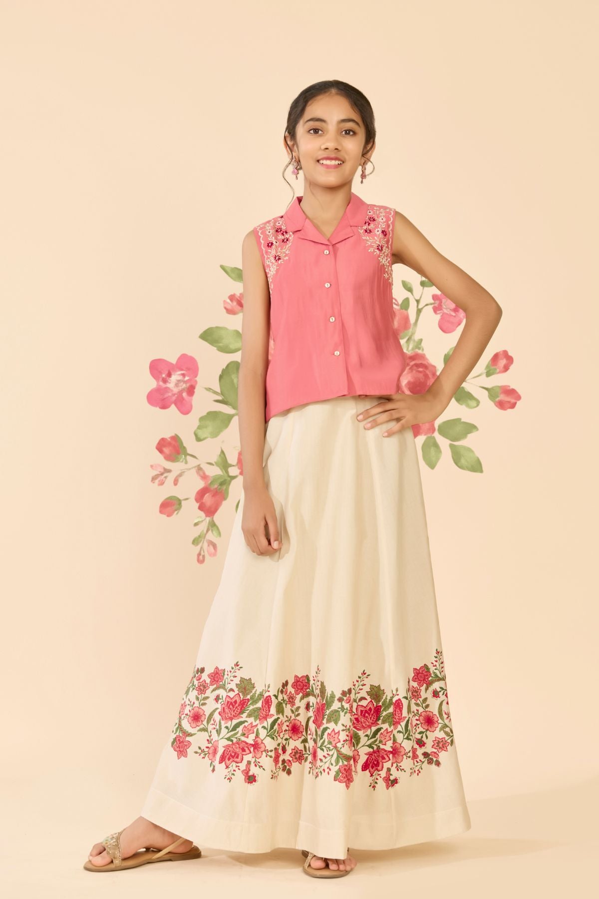 Pastel Pink Embroidered Notch Collar Kids Skirt Set