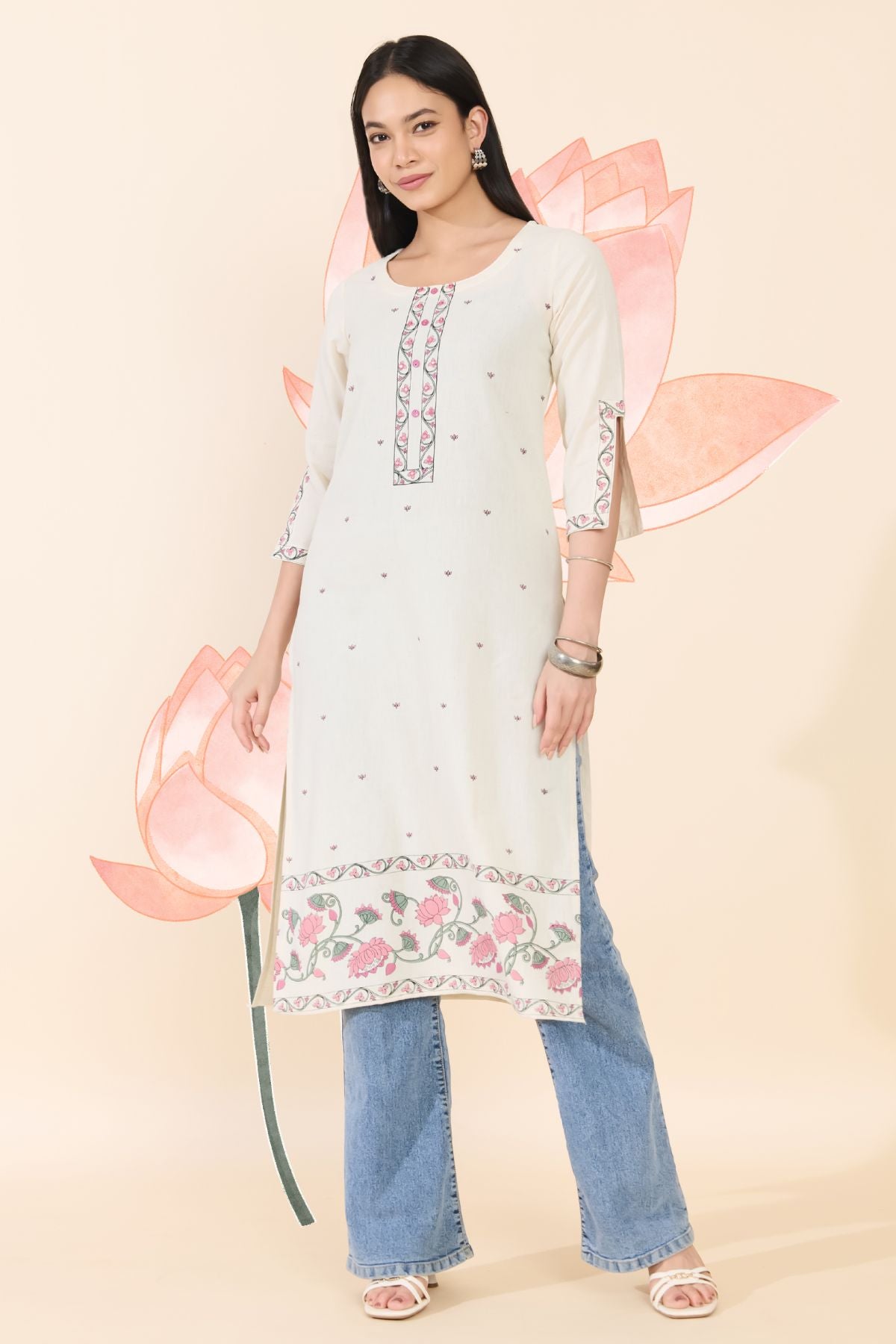 OFF WHITE FLORAL PRINTED COTTON KURTA