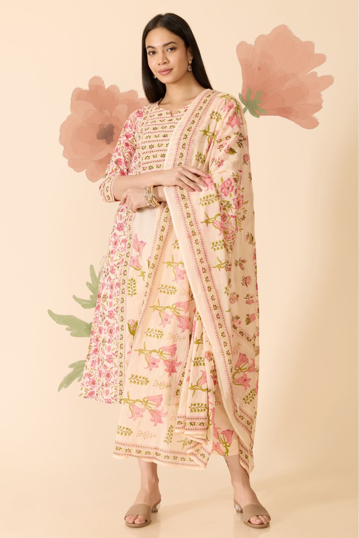 BEIGE FLORAL COTTON KURTA SET