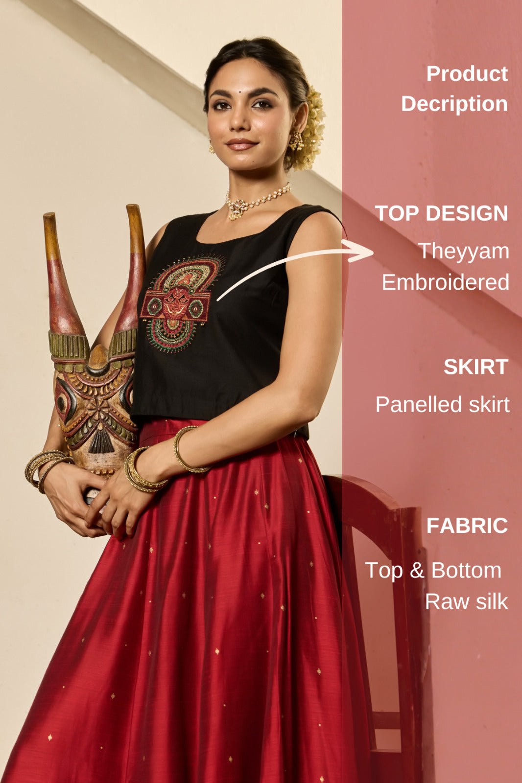 Black Theyyam Embroidered Crop Top & panelled Skirt Set