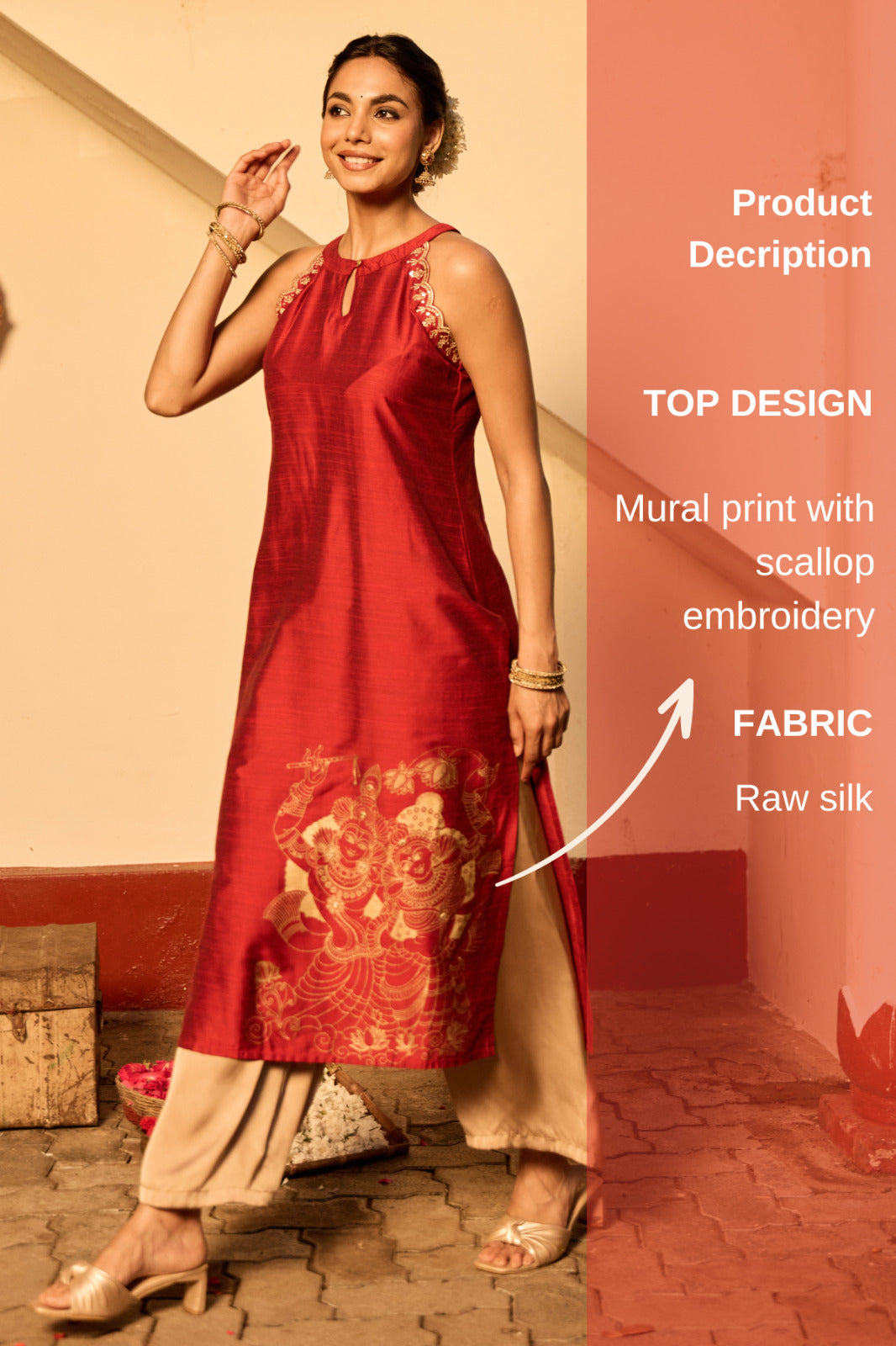 Red Mural Printed Raw Silk Kurta