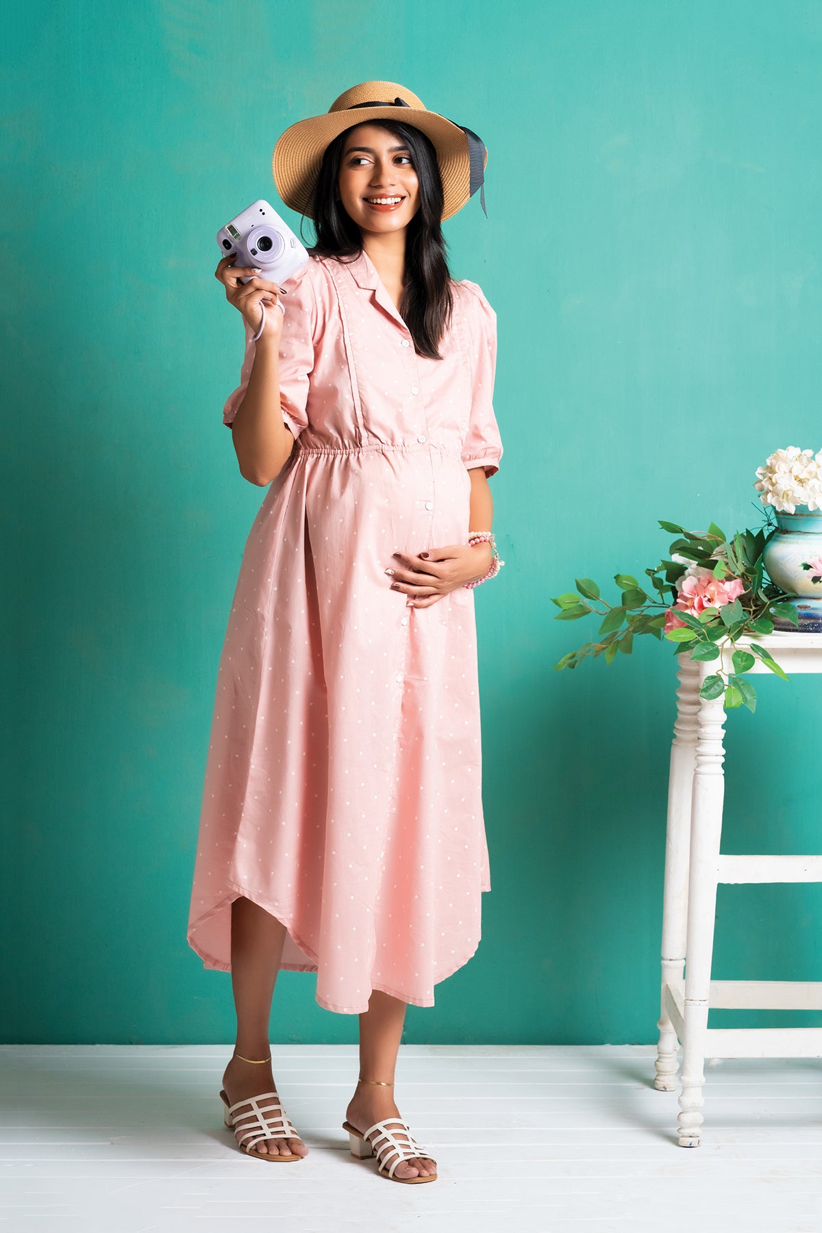 Polka Dots Printed Collared Maternity Kurta Pink