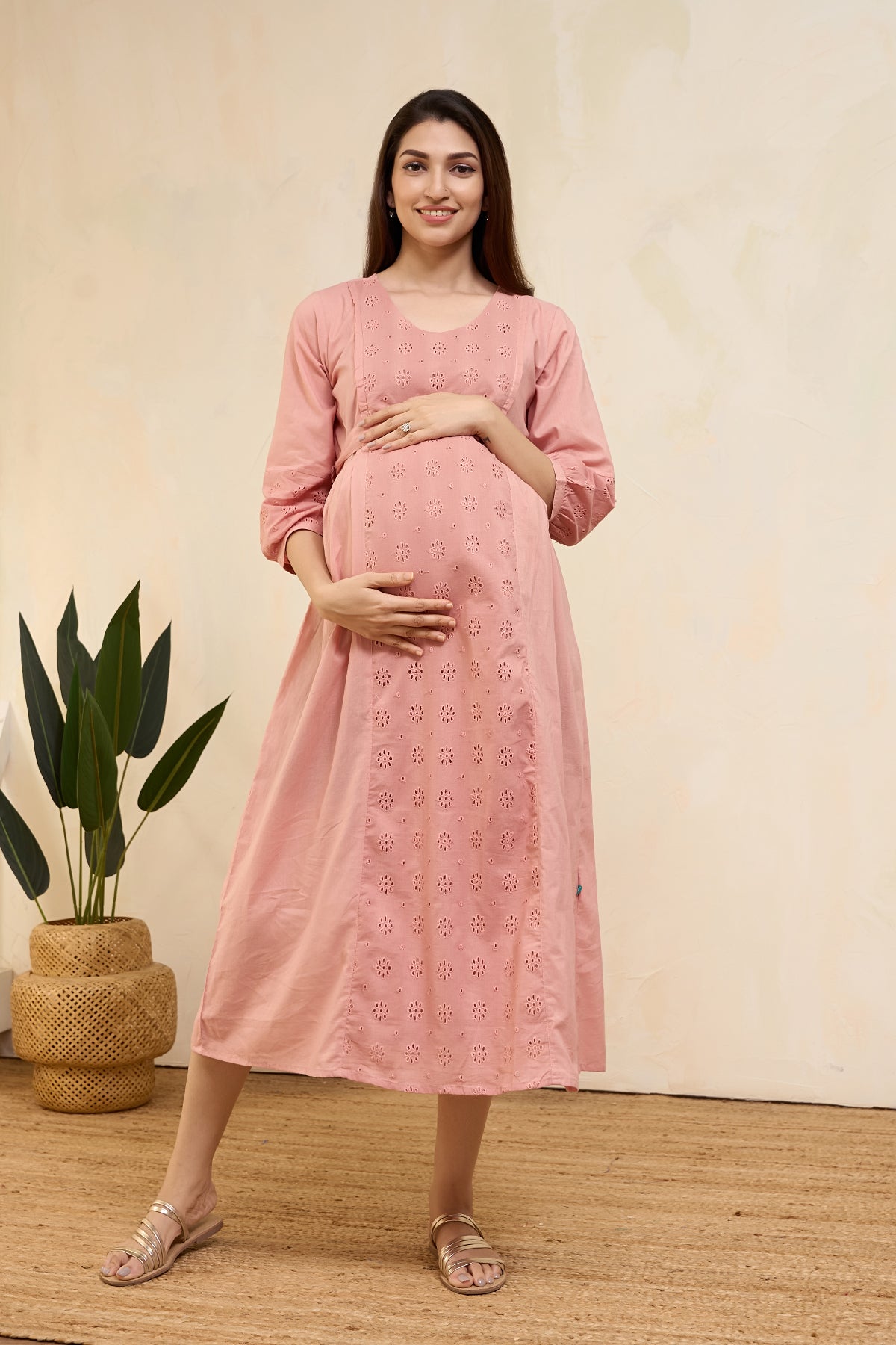 Shop Peach Schiffli Maternity Dress with Waist Tie-up Online Maybell