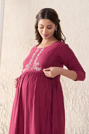 Floral Embroidered Textured Magenta Maternity Dress
