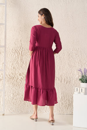 Floral Embroidered Textured Magenta Maternity Dress