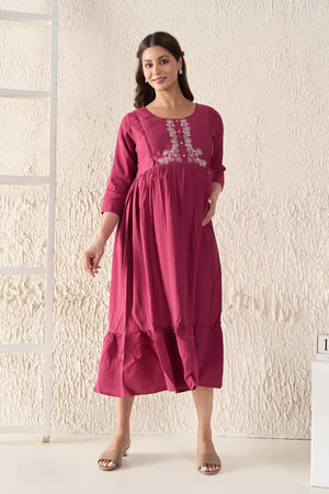 Floral Embroidered Textured Magenta Maternity Dress