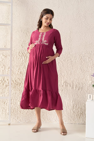 Floral Embroidered Textured Magenta Maternity Dress