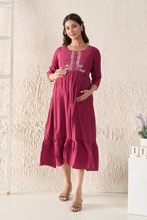 Floral Embroidered Textured Magenta Maternity Dress