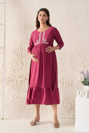 Floral Embroidered Textured Magenta Maternity Dress