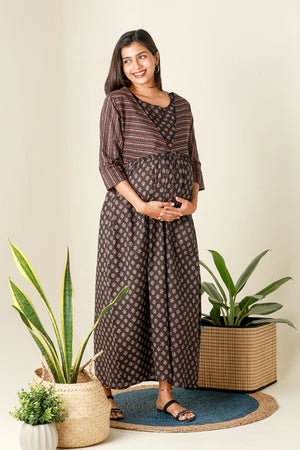 Ajrakh Printed Maternity Dress with Printed Jacket Black