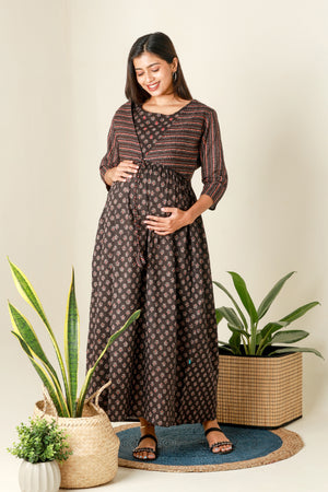 Ajrakh Printed Maternity Dress with Printed Jacket Black