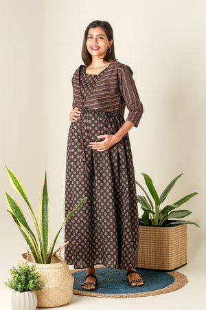 Ajrakh Printed Maternity Dress with Printed Jacket Black