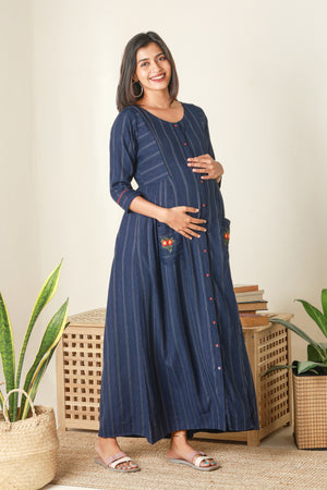 Textured Striped Maternity Dress with pockets Navy Blue