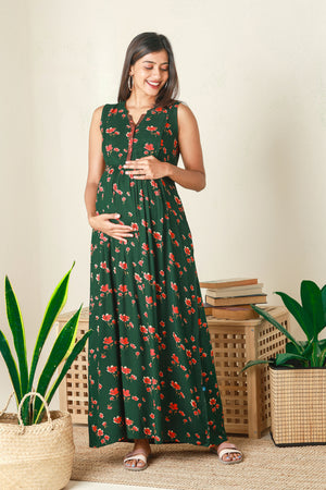 Contemporary Floral Printed Maternity Dress Green