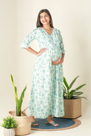 All Over Floral Printed Maternity Dress with Ruffled Yoke Blue