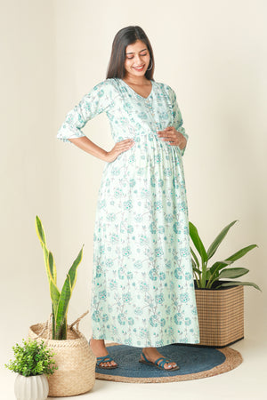 All Over Floral Printed Maternity Dress with Ruffled Yoke Blue