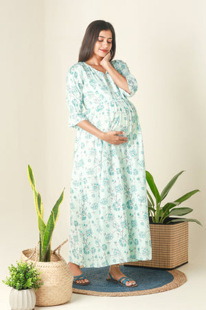All Over Floral Printed Maternity Dress with Ruffled Yoke Blue