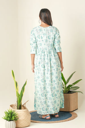 All Over Floral Printed Maternity Dress with Ruffled Yoke Blue