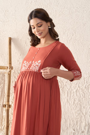 Floral Embroidered Pleated Rust Maternity Long Dress
