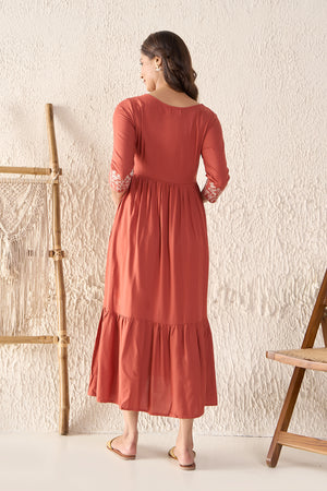 Floral Embroidered Pleated Rust Maternity Long Dress