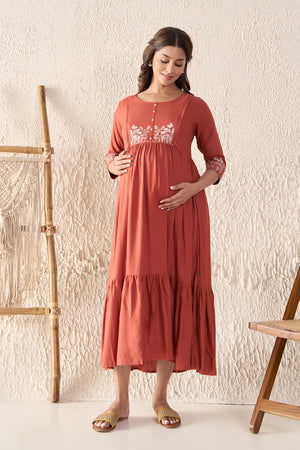 Floral Embroidered Pleated Rust Maternity Long Dress