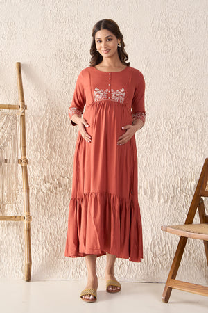 Floral Embroidered Pleated Rust Maternity Long Dress