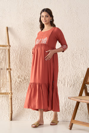 Floral Embroidered Pleated Rust Maternity Long Dress