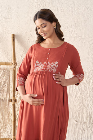 Floral Embroidered Pleated Rust Maternity Long Dress