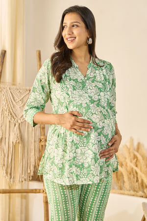 Floral Printed Pastel Maternity Co-ord set - Green