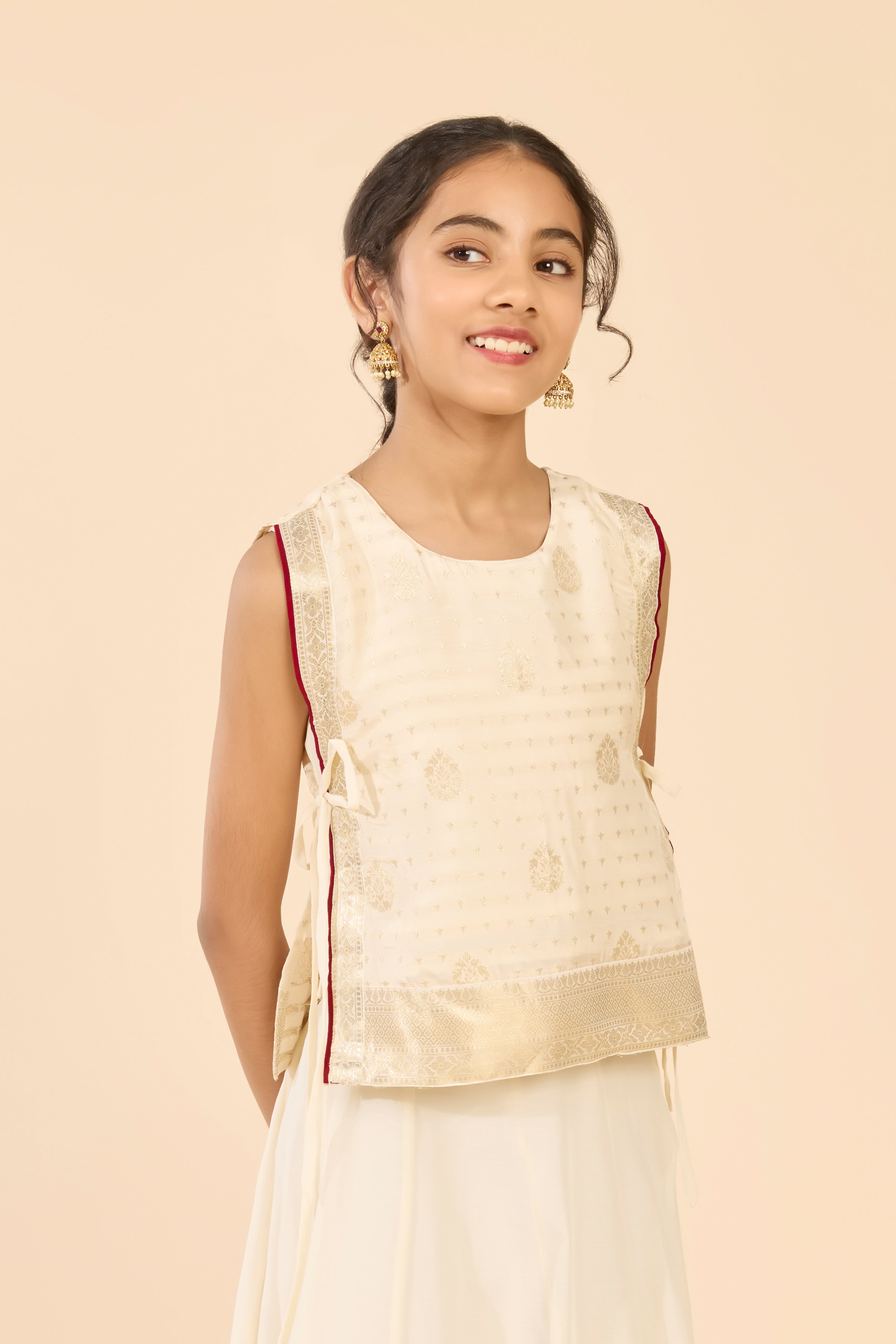 Off White Layered Brocade Chanderi Kids Skirt Set