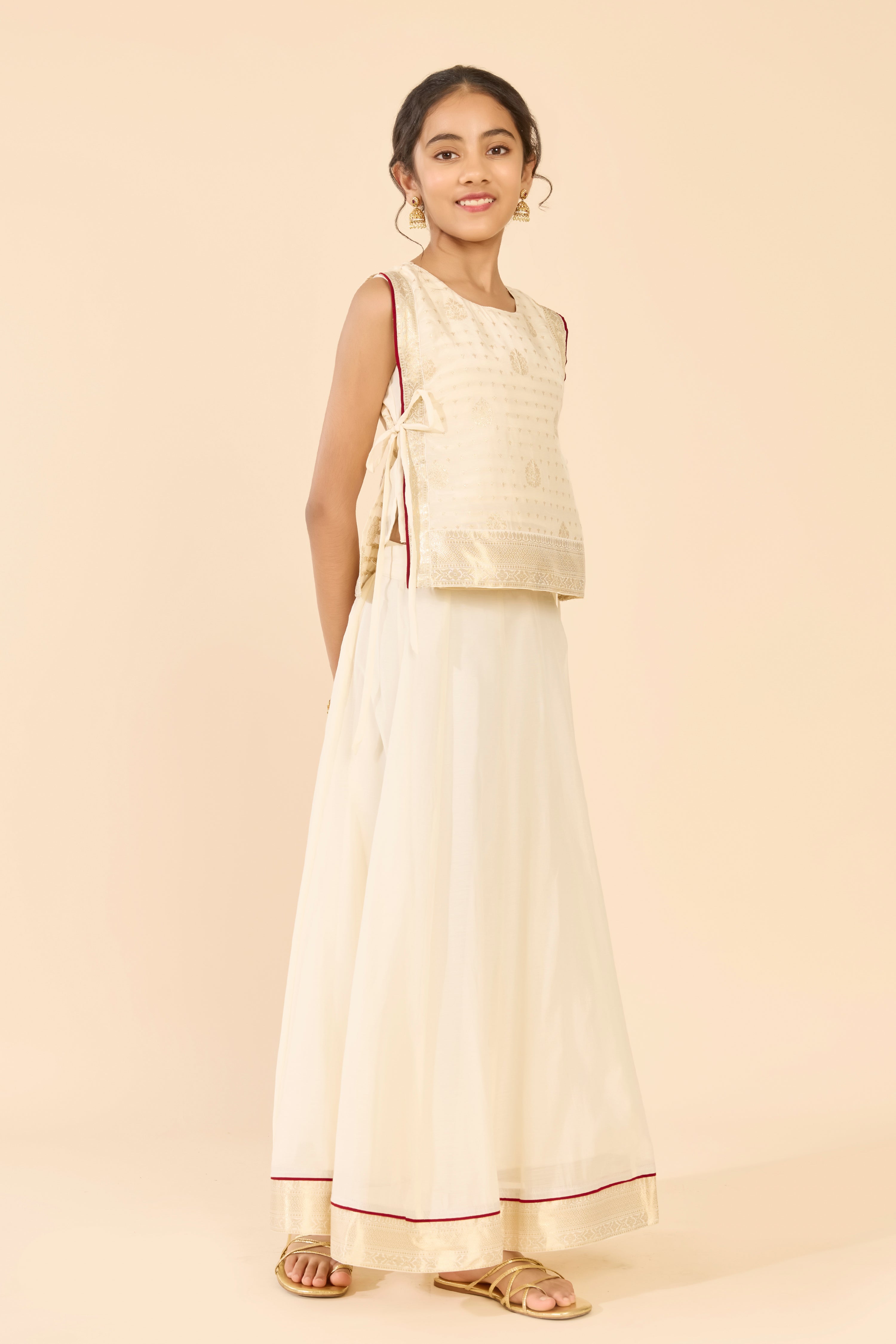 Off White Layered Brocade Chanderi Kids Skirt Set