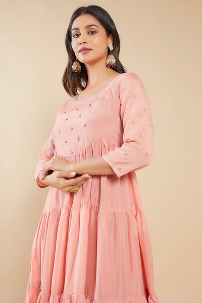 Contrast Foil Mirror Embroidered Tiered A Line Kurta Peach