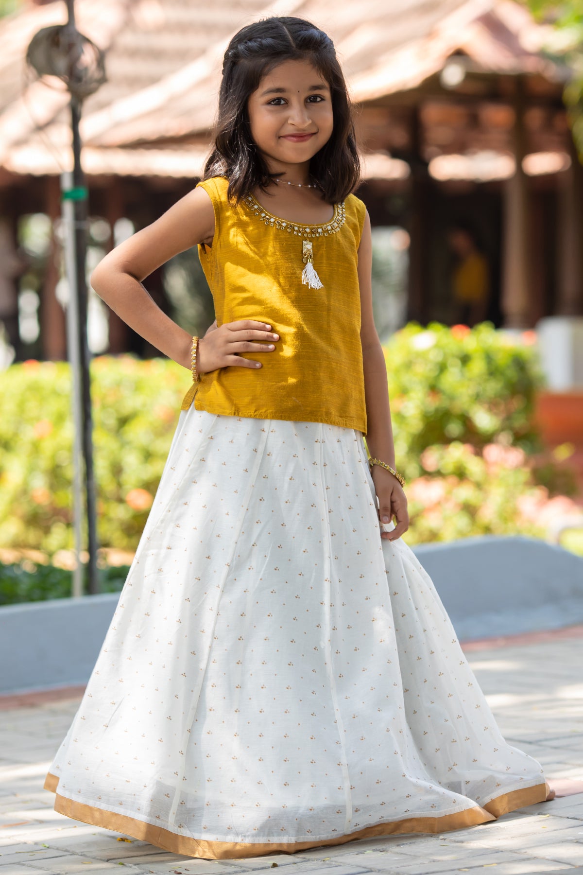 Floral Cutwork Embroidered Sleeveless Top & Digital Printed Skirt Set -  Yellow & White