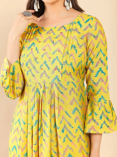 Contract Chevron Printed Foil Mirror Embellished A Line Kurta Yellow