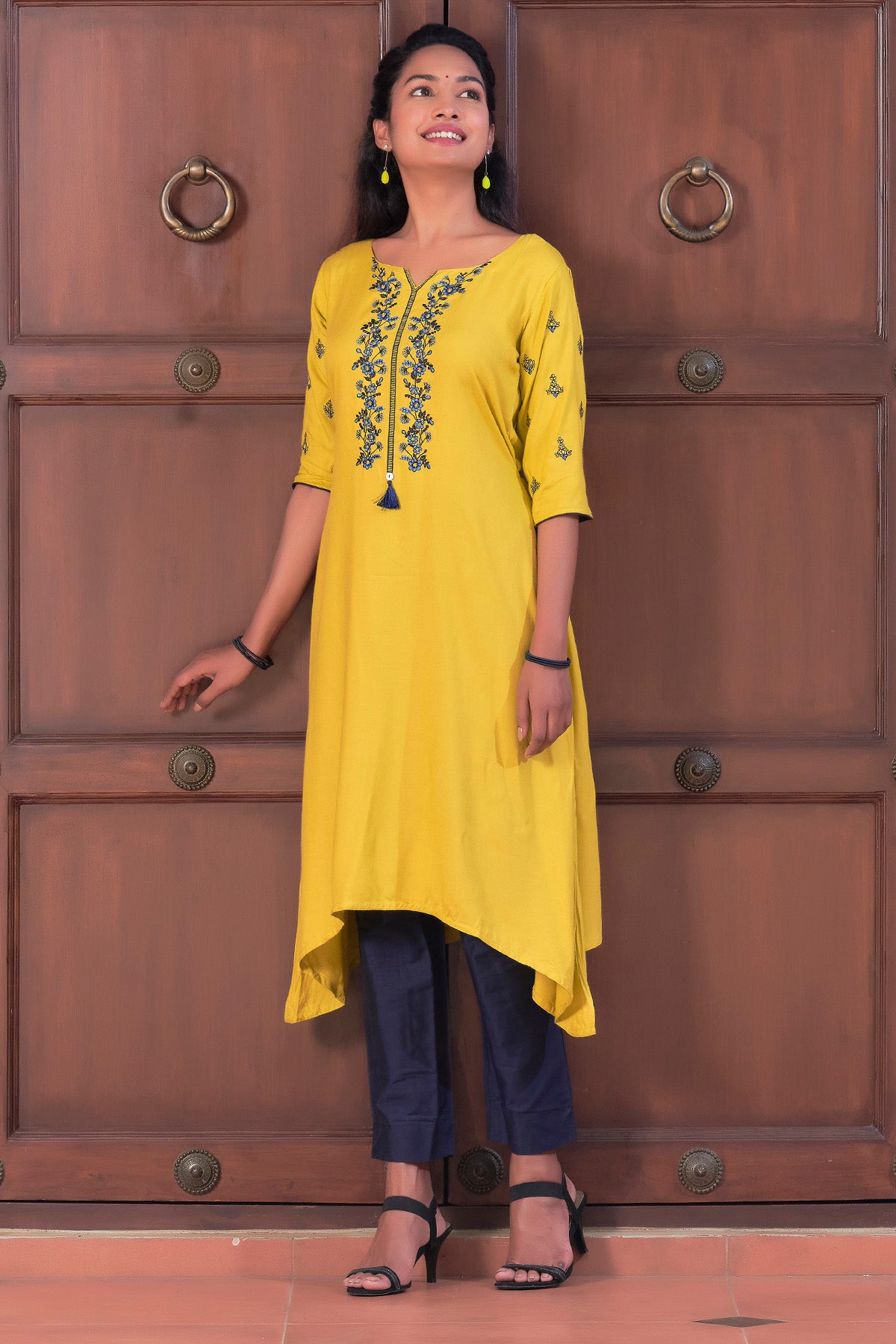 Floral Embroidered A Line Tie waist Kurta Yellow