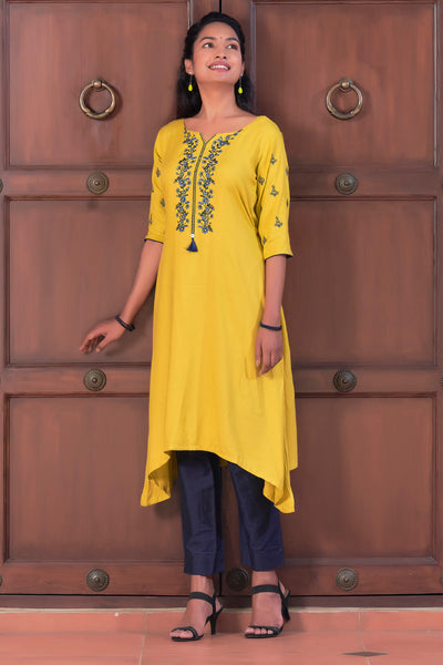 Floral Embroidered A Line Tie waist Kurta Yellow