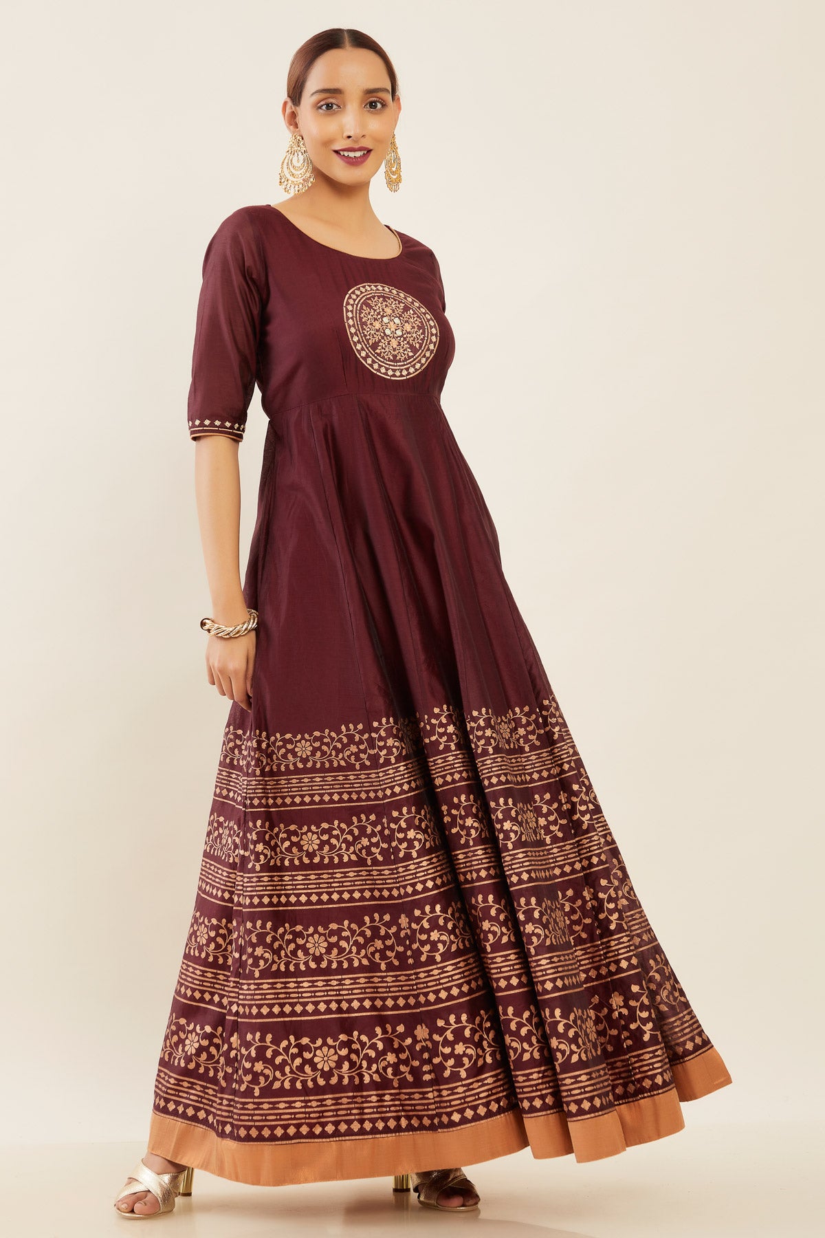 Floral & Scroll Placement Embroidered Panelled Anarkali - Brown