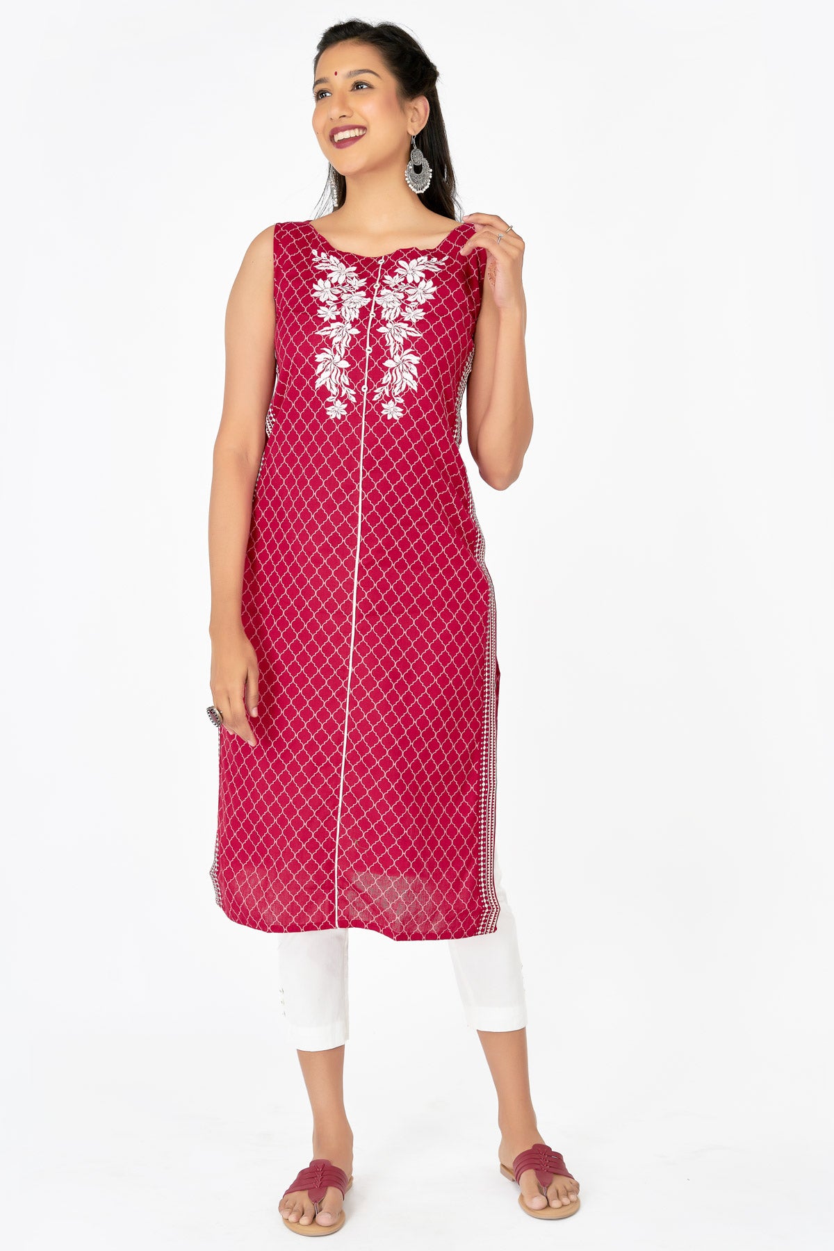 All Over Geometric Printed With Floral Embroidered Kurta Red