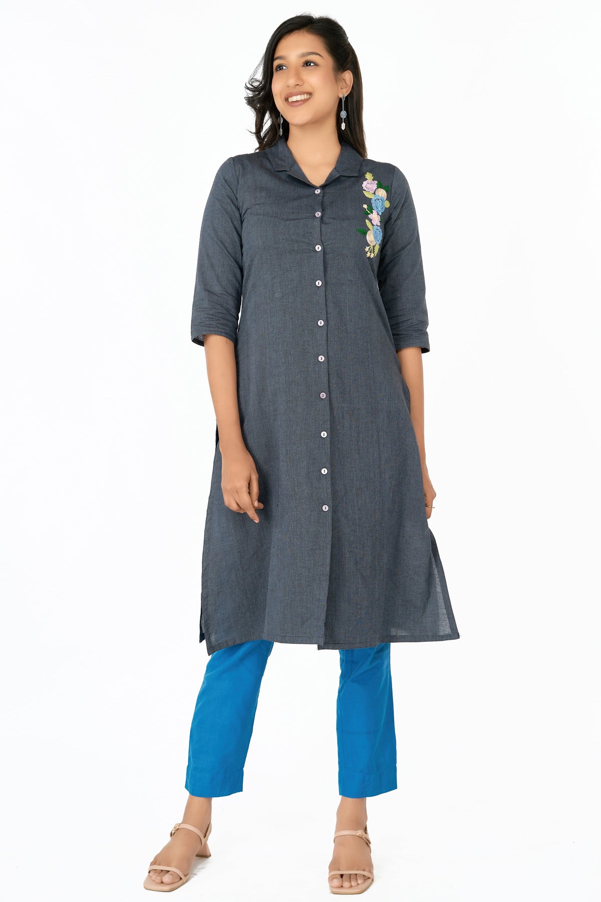 Collar Neck With Floral Embroidery Placement Kurta Grey