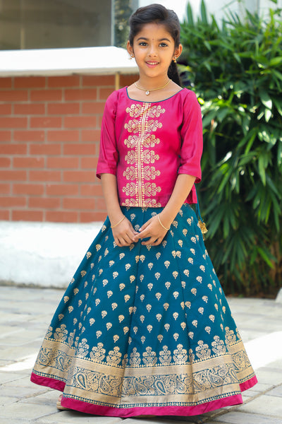 Floral Motif Placement Printed Sleeveless Top & Ethnic Motif Printed Skirt Set - Pink & Blue
