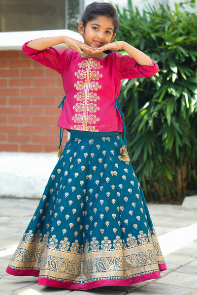 Floral Motif Placement Printed Sleeveless Top & Ethnic Motif Printed Skirt Set - Pink & Blue