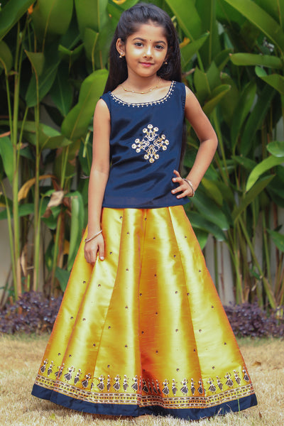 Geometric Embroidered Top Naatiyam Motif Printed Skirt Set Navy Mustard
