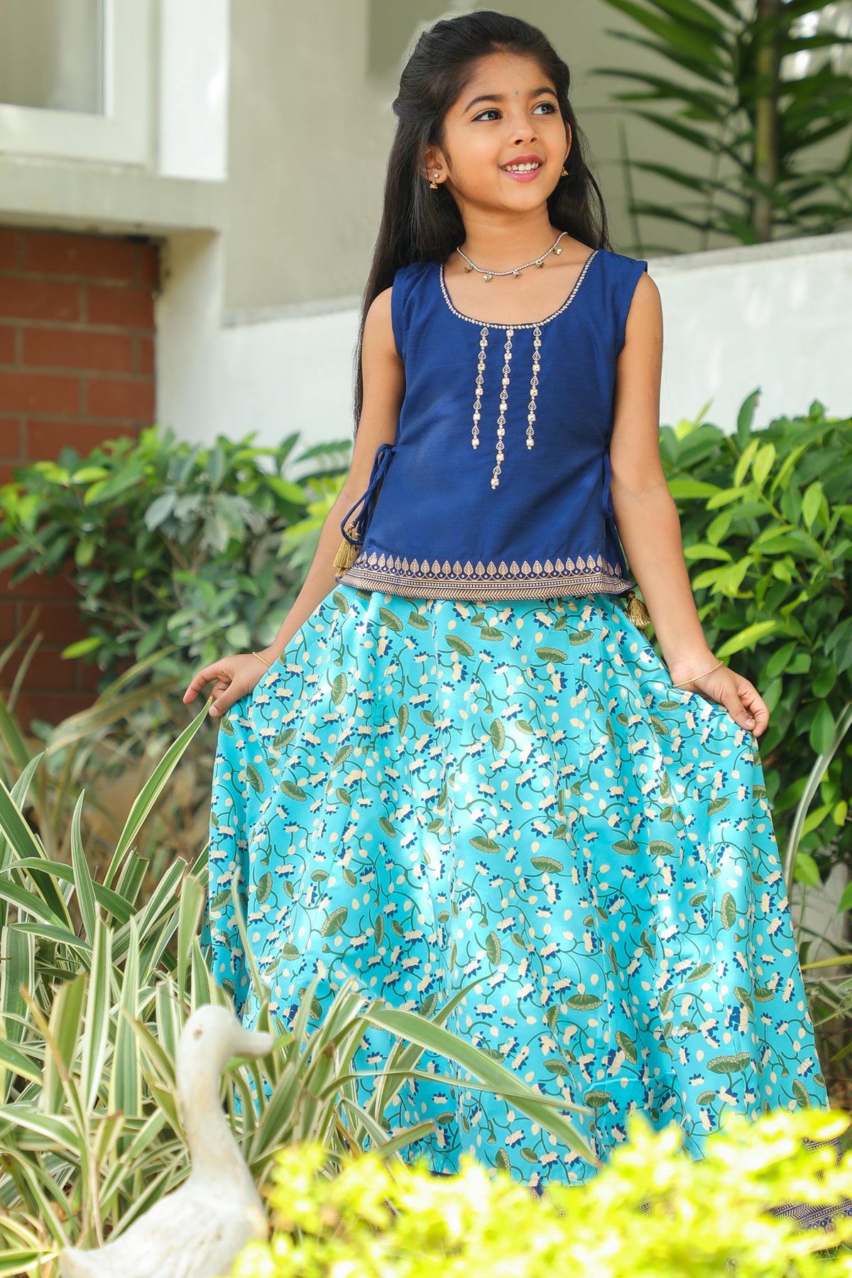 Foil Mirror Embroidered Sleeveless Top All Over Floral Printed Skirt Set Navy Blue