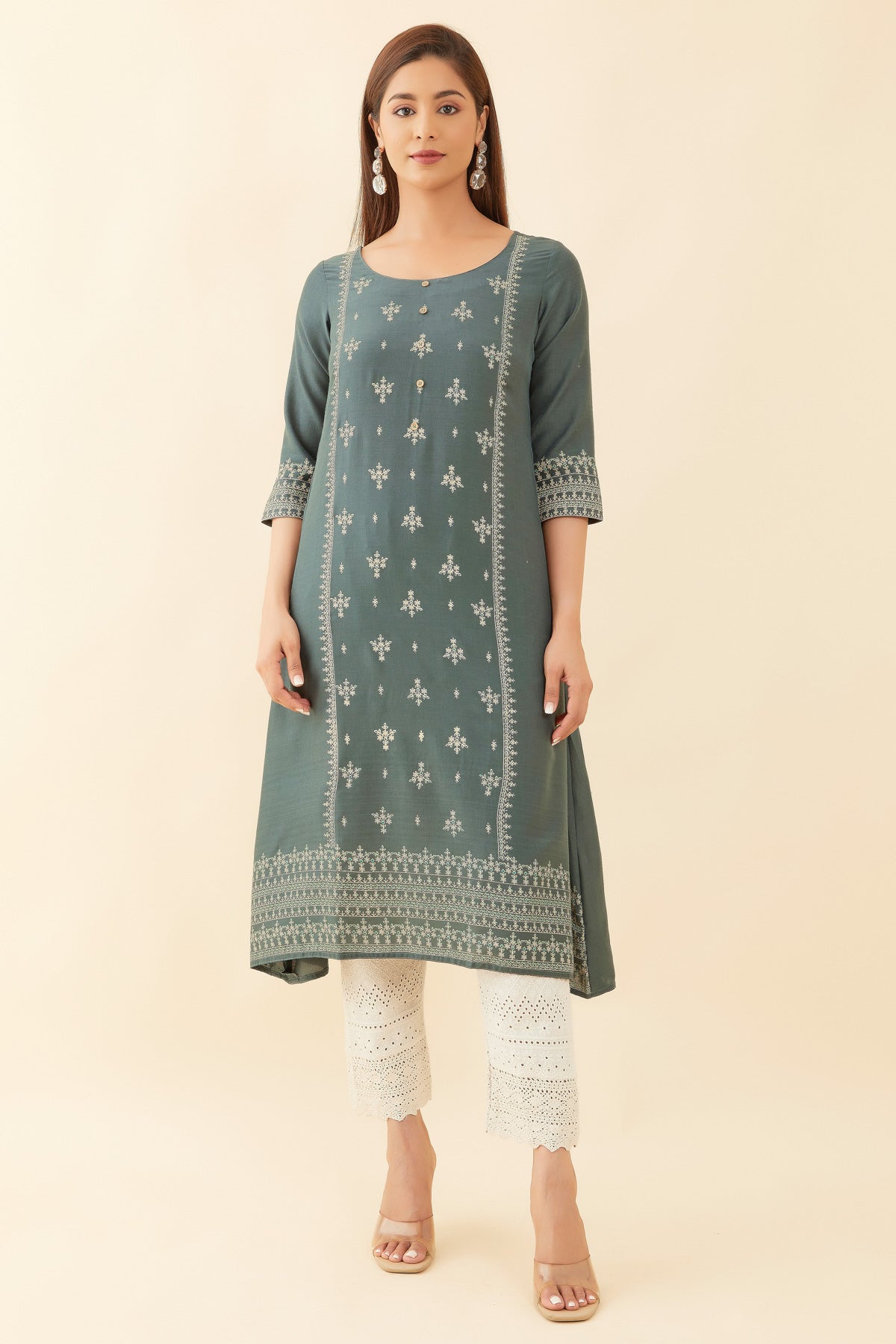 Floral Printed A Line Kurta Grey