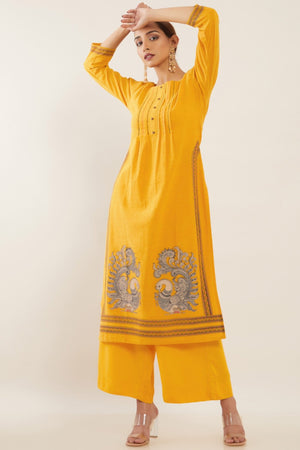 Peacock Printed Pin Tuck Women's Kurta - Yellow