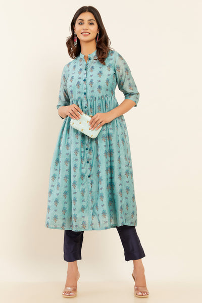 Contrast All Over Floral Printed Kurta Blue