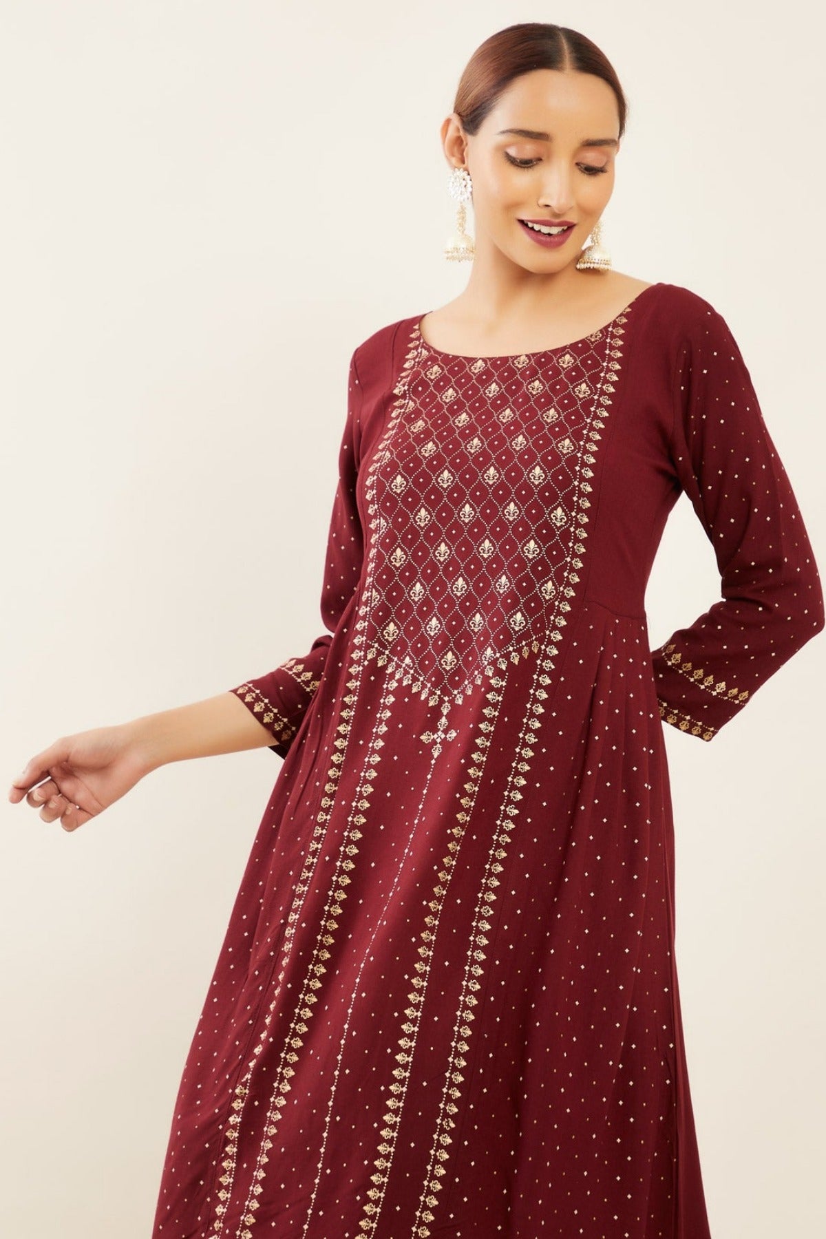 Geometric Foil Printed A Line Kurta Maroon