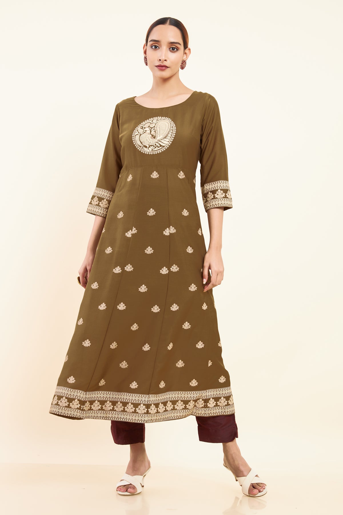 All Over Geometric Peacock Placement Printed A Line Kurta Brown