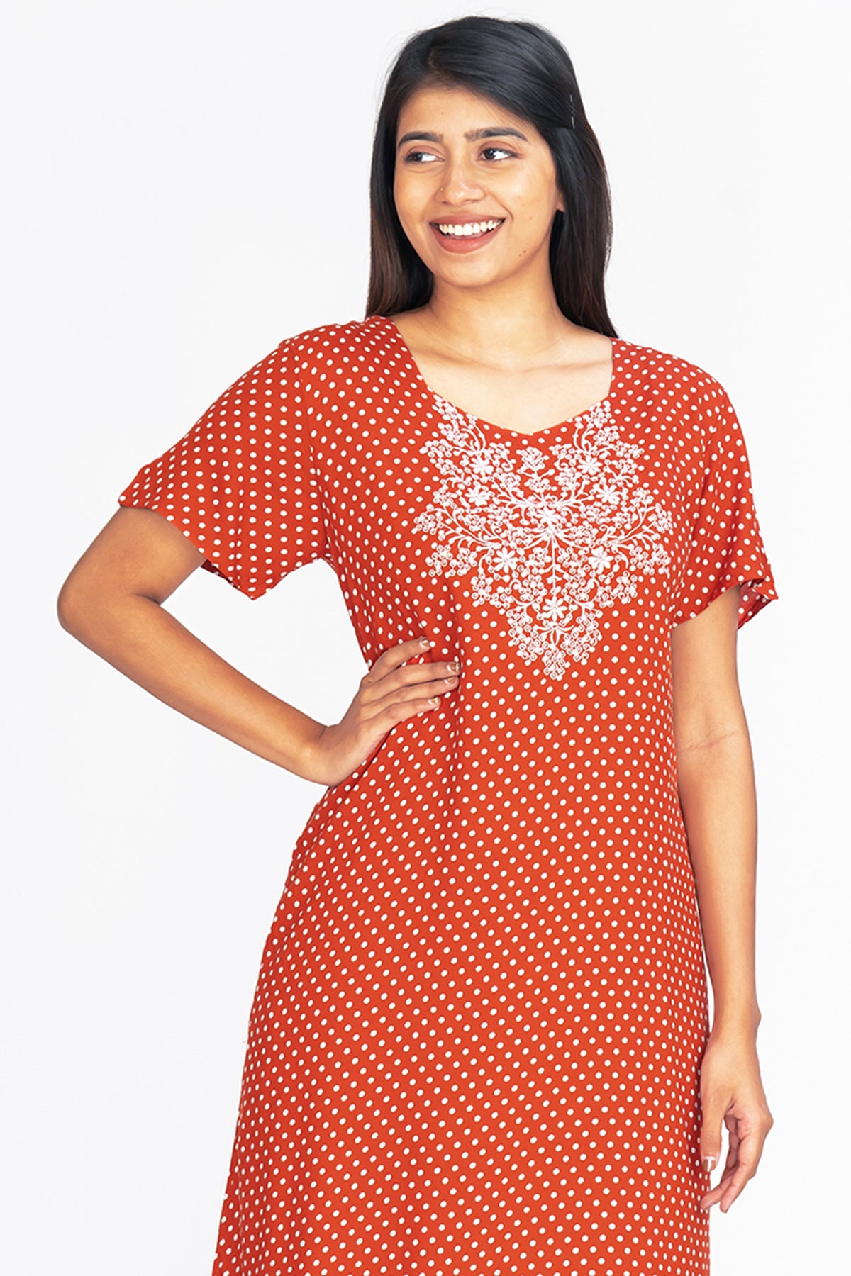 All Over Polka Dot Print With Contrast Floral Embroidered Yoke Nighty Red